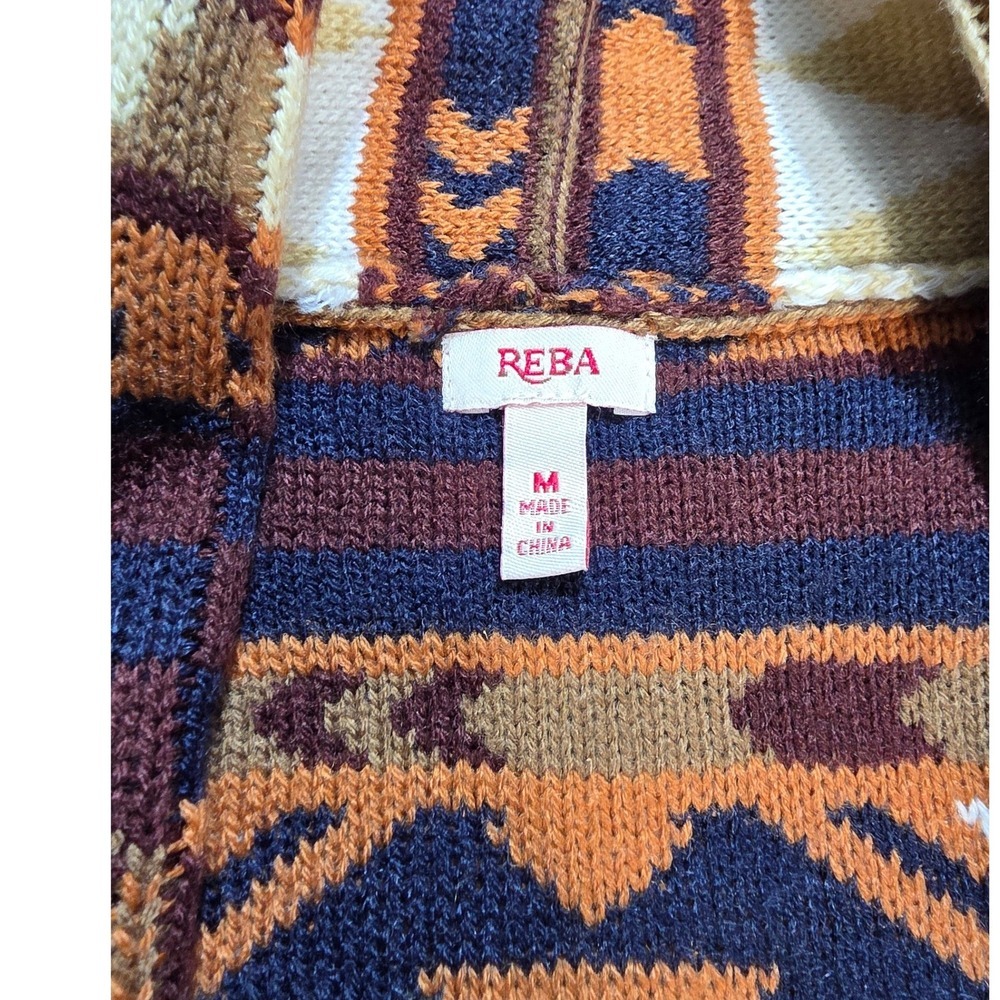 NEW Reba Womens Southwestern Fringe Longline Cardigan Sweater Brown Geometric M - Picture 2 of 10